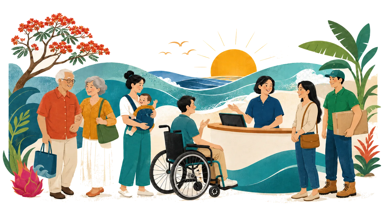 屏東縣民 — 長者、推著嬰兒的家長、輪椅使用者、新住民與青年 — 在臨海的服務櫃台前洽公